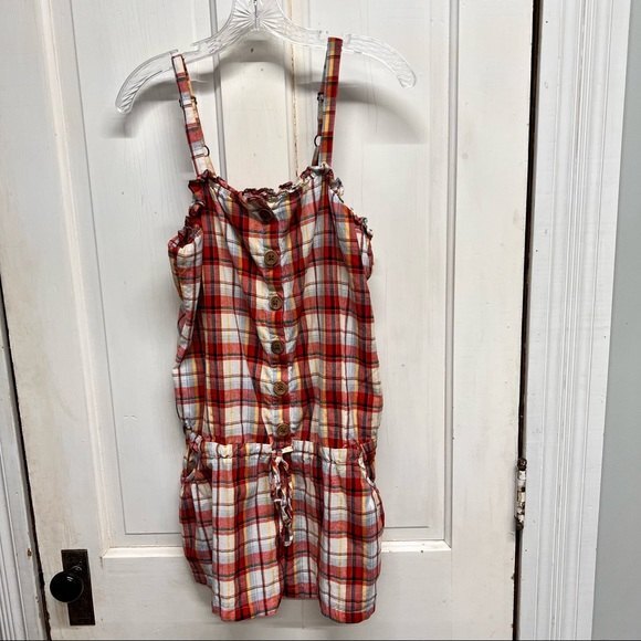 Passport plaid romper xl wooden button down front. pockets. tie at waist. - Picture 1 of 6